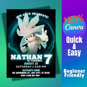 May include: A birthday party invitation featuring a cartoon character with silver fur and green eyes. The invitation includes the text "JOIN US TO CELEBRATE!" and details for Nathan's 7th birthday, including the date, time, and location.