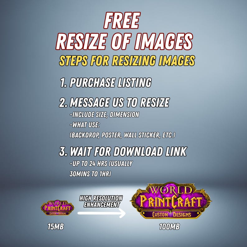 May include: An advertisement with the text "FREE RESIZE OF IMAGES". It details the steps for resizing images: purchase listing, message to resize, and wait for download link. Includes logos for "World Printcraft" and a graphic showing high-resolution enhancement.