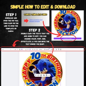 Op de afbeelding: Een Canva-sjabloon voor een Sonic the Hedgehog 10e verjaardagsinvitatiekaart. Het sjabloon bevat een gouden cirkel met de tekst "Happy 10th Birthday" en een afbeelding van Sonic the Hedgehog. De tekst "Jackson" staat onder de cirkel. Het sjabloon is bewerkbaar en kan worden gedownload als een PDF-bestand.