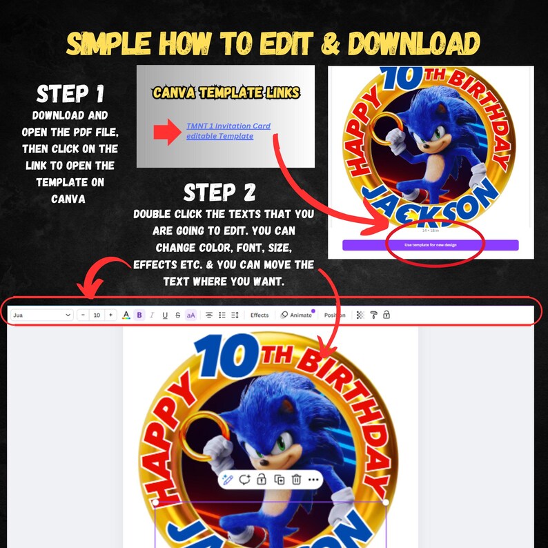 Op de afbeelding: Een Canva-sjabloon voor een Sonic the Hedgehog 10e verjaardagsinvitatiekaart. Het sjabloon bevat een gouden cirkel met de tekst "Happy 10th Birthday" en een afbeelding van Sonic the Hedgehog. De tekst "Jackson" staat onder de cirkel. Het sjabloon is bewerkbaar en kan worden gedownload als een PDF-bestand.