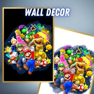 May include: Wall decor featuring a vibrant illustration of various characters from the Super Mario video game series. The artwork includes Mario, Luigi, Princess Peach, Yoshi, and Bowser, among others, set against a dark background with gold accents.