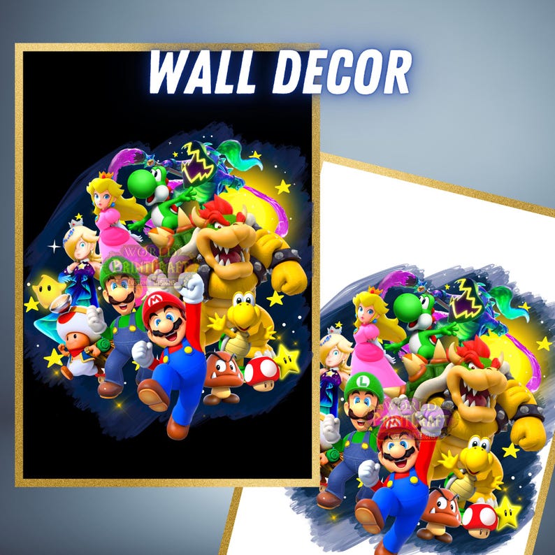 May include: Wall decor featuring a vibrant illustration of various characters from the Super Mario video game series. The artwork includes Mario, Luigi, Princess Peach, Yoshi, and Bowser, among others, set against a dark background with gold accents.