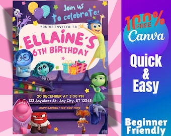 Invito di compleanno modificabile Inside Out Modello Canva gratuito Invito per festa per ragazze Download digitale