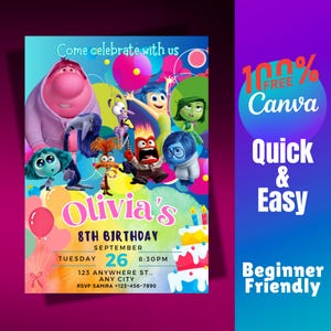 Invito modificabile Inside Out 2, Invito Inside Out 2, Modello di compleanno modificabile, Canva, Invito di compleanno per bambini, Invito modificabile