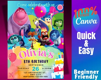 Op de afbeelding: Een kleurrijke verjaardagsuitnodiging met personages uit de film Inside Out. De uitnodiging is voor Olivia's 8e verjaardag en bevat de datum, tijd en locatie van het feest. De uitnodiging is versierd met ballonnen, een taart en andere feestelijke elementen.