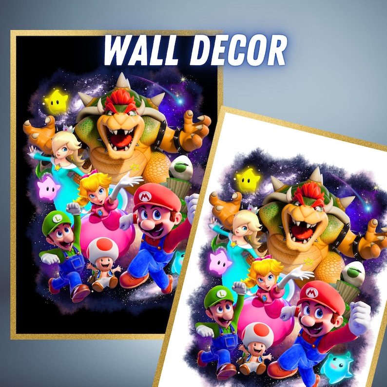May include: Wall decor featuring a vibrant illustration of characters from a popular video game. The artwork includes Mario, Luigi, Princess Peach, Bowser, and other characters set against a cosmic background. The text "WALL DECOR" is displayed at the top.