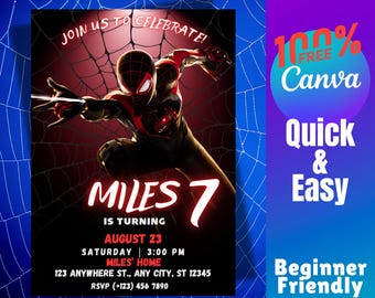 Spiderman Miles Morales Birthday Invitation Spider-Man Party Editable Free Canva Template Digital Download