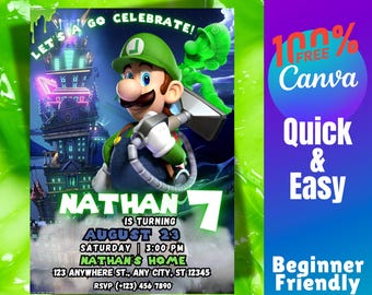 Luigi’s Mansion Birthday Invitation Editable Template Super Mario Bros Party Invite Printable Digital Download