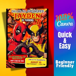 Deadpool und Wolverine Marvels Held Einladungskarte, Xmen bearbeitbare Vorlage, kostenlose Canva, digitale Datei, Qualität, druckbar, sofortiger Download