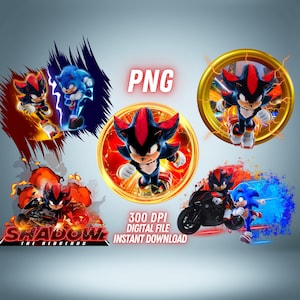 May include: A digital graphic featuring characters from the Sonic the Hedgehog franchise. The image includes the text "PNG", "300 DPI DIGITAL FILE INSTANT DOWNLOAD", and the words "SHADOW THE HEDGEHOG". The characters are in dynamic poses.