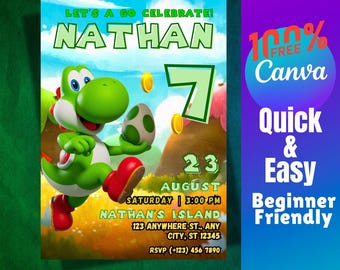 Yoshi Birthday invitation PNG Super Galaxy Bday Party Editable Invite canva Template Digital Download