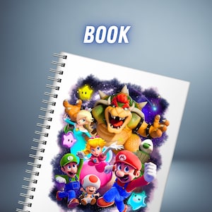 May include: Spiral-bound notebook with a colorful illustration of video game characters, including Mario, Luigi, Princess Peach, and Bowser. The word "BOOK" is displayed in a blue, glowing font at the top. The cover art features a space-themed background.