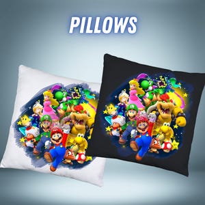May include: Two square pillows, one white and one black, each featuring a colorful graphic of various characters. The word "PILLOWS" is displayed in white, stylized text at the top. The pillows showcase a vibrant design with multiple characters.