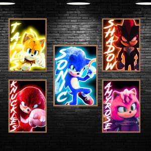 Sonic Hedgehog Prints, 5er Set Neon Poster, Spiel Poster zum ausdrucken, Schatten, Tails, Knuckles, Wandkunst, Kinderzimmer Dekor, Digitaldruck