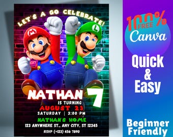 Invitation d'anniversaire Mario et Luigi - Modèle Canva modifiable et imprimable pour garçons