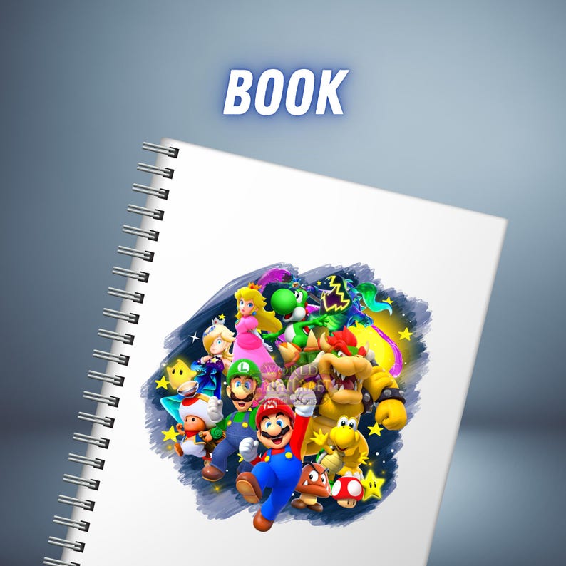 May include: Spiral-bound notebook with a colorful illustration of various characters from the Super Mario video game series. The word "BOOK" is printed in white block letters at the top. The notebook has a white cover and silver spiral binding.