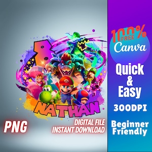 May include: A vibrant digital design featuring cartoon characters, the name "NATHAN", and the text "PNG DIGITAL FILE INSTANT DOWNLOAD". The design includes the text "100% FREE Canva Quick & Easy 300DPI Beginner Friendly".