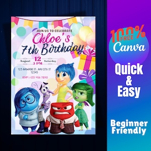 Convite de aniversário editável Inside Out 2, download digital, convite para festa Inside Out, modelo para impressão Canva, convite para festa infantil DIY
