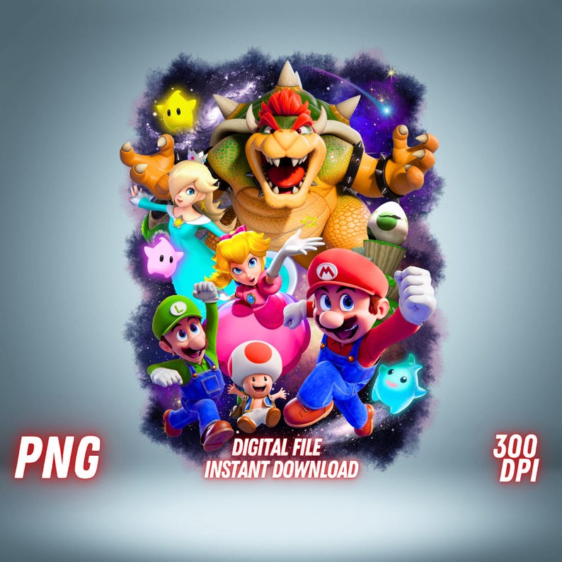 May include: A digital illustration featuring characters from the Super Mario video game series. Mario, Luigi, Princess Peach, Bowser, and other characters are set against a cosmic background. Text includes "PNG", "DIGITAL FILE INSTANT DOWNLOAD", and "300 DPI".