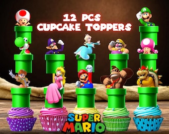 Super Mario Cupcake Toppers Printable Birthday PNG 12 Party Decor Designs Digital File
