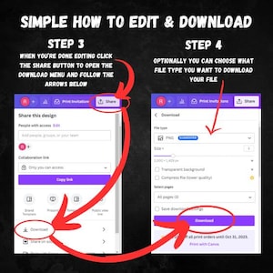Op de afbeelding: Een screenshot van een Canva-ontwerpeditor die de stappen laat zien om een ontwerp te bewerken en te downloaden. De stappen zijn gelabeld "Stap 3" en "Stap 4". Stap 3 toont de knop "Delen" en de knop "Downloaden". Stap 4 toont de opties om het bestandstype en de grootte van de download te kiezen.