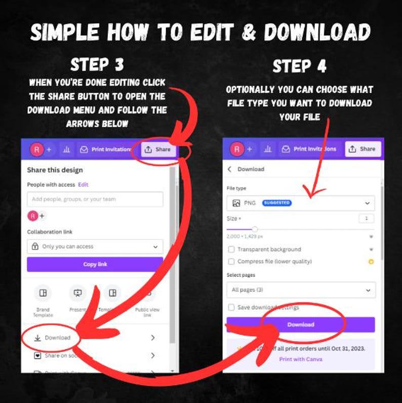 Op de afbeelding: Een screenshot van een Canva-ontwerpeditor die de stappen laat zien om een ontwerp te bewerken en te downloaden. De stappen zijn gelabeld "Stap 3" en "Stap 4". Stap 3 toont de knop "Delen" en de knop "Downloaden". Stap 4 toont de opties om het bestandstype en de grootte van de download te kiezen.