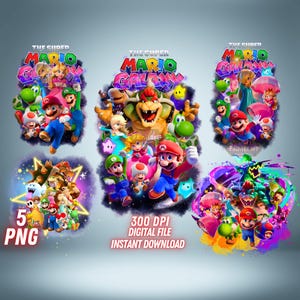 Puede incluir: Archivo digital con ilustraciones coloridas de personajes de Super Mario Galaxy. La imagen incluye el texto "THE SUPER MARIO GALAXY" y "5 PNG", junto con "300 DPI DIGITAL FILE INSTANT DOWNLOAD".