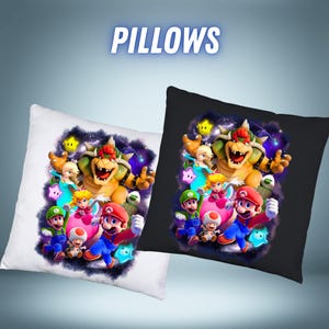 May include: Two square pillows, one white and one black, featuring a colorful graphic of video game characters. The word "PILLOWS" is displayed in white, stylized text at the top. The pillows showcase a vibrant design with various characters.