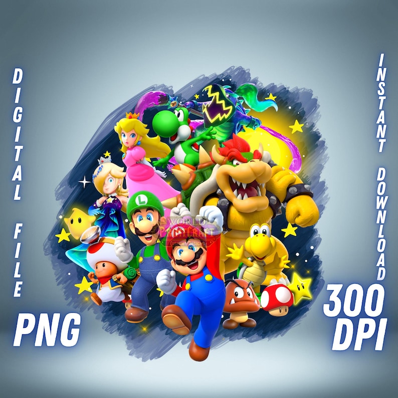 May include: A digital PNG file featuring a vibrant illustration of various characters from the Super Mario video game series. The image includes Mario, Luigi, Princess Peach, Bowser, and other recognizable figures, with text that reads "DIGITAL FILE", "INSTANT DOWNLOAD", and "300 DPI".