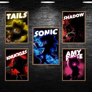 Sonic Hedgehog Poster, Set of 5 Neon Prints, Game Poster Printable, Shadow, Tails, Knuckles, Wall Art, Kids Room Decor, Digital Print