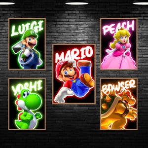 Super Mario Prints, Set of 5 Neon Posters, Game Poster Printable, Mario, Luigi, Yoshi, Peach, Bowser Wall Art, Kid Room Decor, Digital Print