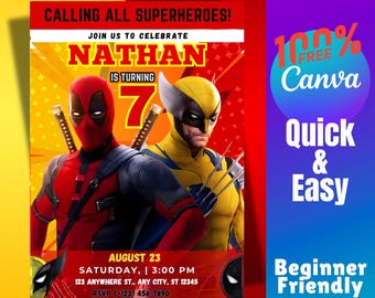 Deadpool & Wolverine Birthday Invitation Super Hero Bday Party Canva Editable Template