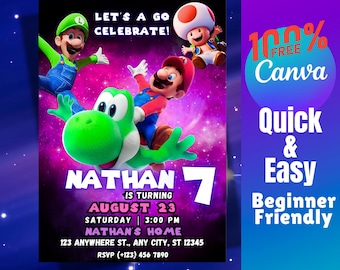 Super Galaxy Birthday invitation PNG Bday Party Editable Invite canva Template Digital Download