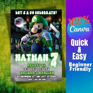 Op de afbeelding: Een uitnodiging voor een feestje met een cartoon Luigi-personage. De uitnodiging bevat de naam "Nathan" en het nummer "7", samen met evenementdetails en de tekst "Let's a go celebrate!". Het Canva-logo is ook zichtbaar.