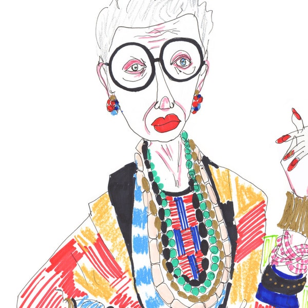 IRIS APFEL Drawing Print / Portrait/ mixed media / advanced style / Groovy Granny / fashion icon /  sizes a4-a3