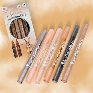 Set of 6 professional quality brown / grey metallic twinmarkers; brush & finetip
