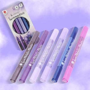 Set of 6 professional quality purple metallic twinmarkers; brush & finetip