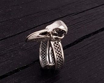 Puede incluir: Un anillo plateado con un diseño de calavera de pájaro. El anillo tiene una banda calada con patrones intrincados y una calavera detallada en la parte superior. El anillo se muestra sobre una superficie de madera oscura.