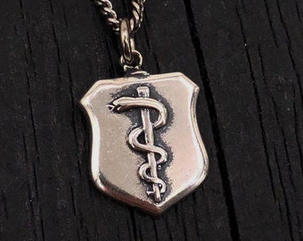 Rod Of Asclepius Snake Shield Charm Pendant Necklace - Multiple Chain Options