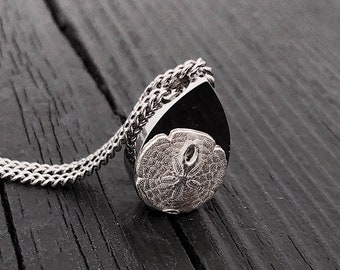 Sand Dollar Tear Drop Cremation Ash Urn Pendant Necklace - Sterling Silver on Stainless Steel - Custom Engraved Personalised Mourning Gift