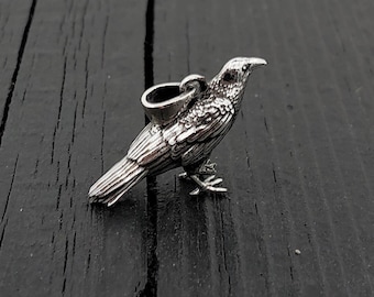 Silver Standing Raven Necklace Charm Pendant in Solid Hand Cast 925 Sterling Silver - Standing Crow Bird Unisex Nature Jewelry Gift