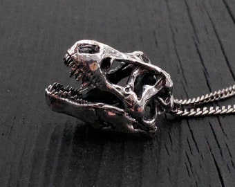 Silver T-Rex Skull Pendant Necklace in Solid Hand Cast Sterling Silver - Tyrannosaurus Rex - Rare and Unique Dinosaur Jewelry