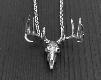 Stag Deer Skull Pendant Necklace in Solid Sterling Silver - Antler Jewelry