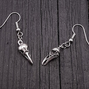 Sterling Silver Raven Skull Earrings - Solid Hand Cast 925 Sterling Silver - Surgical Stainless Steel Hooks - Unique Nature Gift For Her