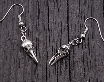 Sterling Silver Raven Skull Earrings - Solid Hand Cast 925 Sterling Silver - Surgical Stainless Steel Hooks - Unique Nature Gift For Her