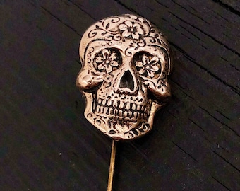 Sugar Skull Anstecknadel aus massiver Bronze, Day of the Dead Stick Pin