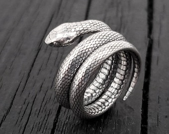 Colubrid Snake Wrap Ring - Solid Hand Cast 925 Sterling Silver - Oxidised Polished Finish - Sizes 4 to 11