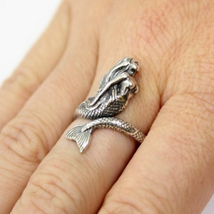 Mermaid Wrap Ring Solid Hand Cast Sterling Silver Polished Oxidized Finish Multiple Sizes Ocean Sailor Inspired Jewelry image 2