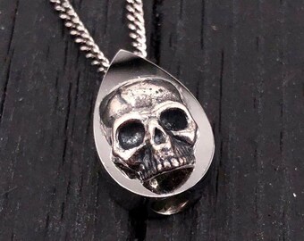 Human Skull Tear Drop Cremation Ash Urn Necklace - Sterling Silver on Stainless Steel - Custom Engraved Personalized Mourning  Urn