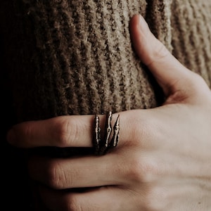Könnte beinhalten: Ein dunkel bronzefarbener Ring mit einem texturierten, organischen Design, das an einen kleinen Ast oder Zweig erinnert. Das Metallband umschließt den Finger mit einem spitzen Ende und weist ein verwittertes, mattes Finish sowie unebene Details auf.